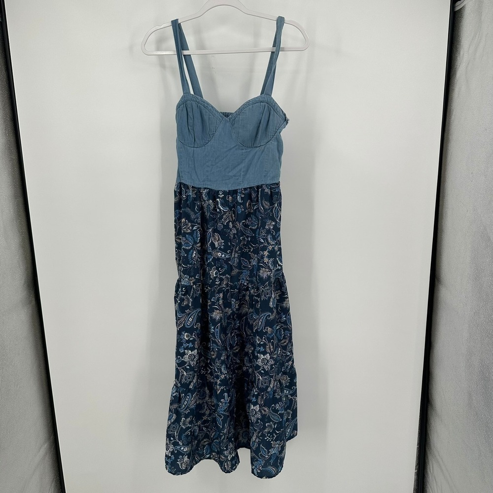 Womens Cottagecore Tiered Midi Dress Size M Smocked Feminine Romantic Chambray